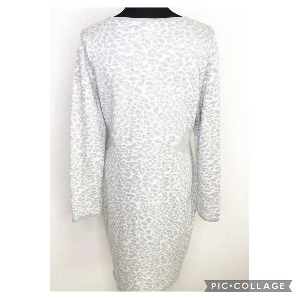 Karl Lagerfeld silver gray white metallic leopard sweater midi dress size XL